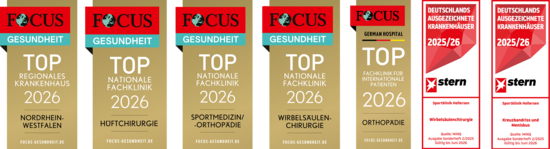 Bild mit 5 Auszeichnungen, 4 Focus Auszeichnungen, Top regionales Krankenhaus 2023 NRW, Top Nationale Fachklinik 2023 Sportmedizin/-orthopädie, Top Nationale Fachklinik 2023 Wirbelsäulenchirurgie, Top Nationale Fachklinik 2023 Hüftchirurgie, Stern Auszeichnung Deutschlands ausgezeichnete Krankenhäuser 2022/23 Wirbelsäulenchirurgie